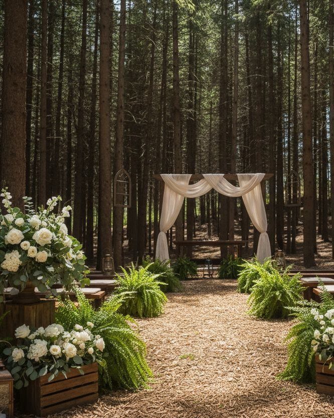 Ivory wedding arch and white floral arrangements set in a tall pine forest.