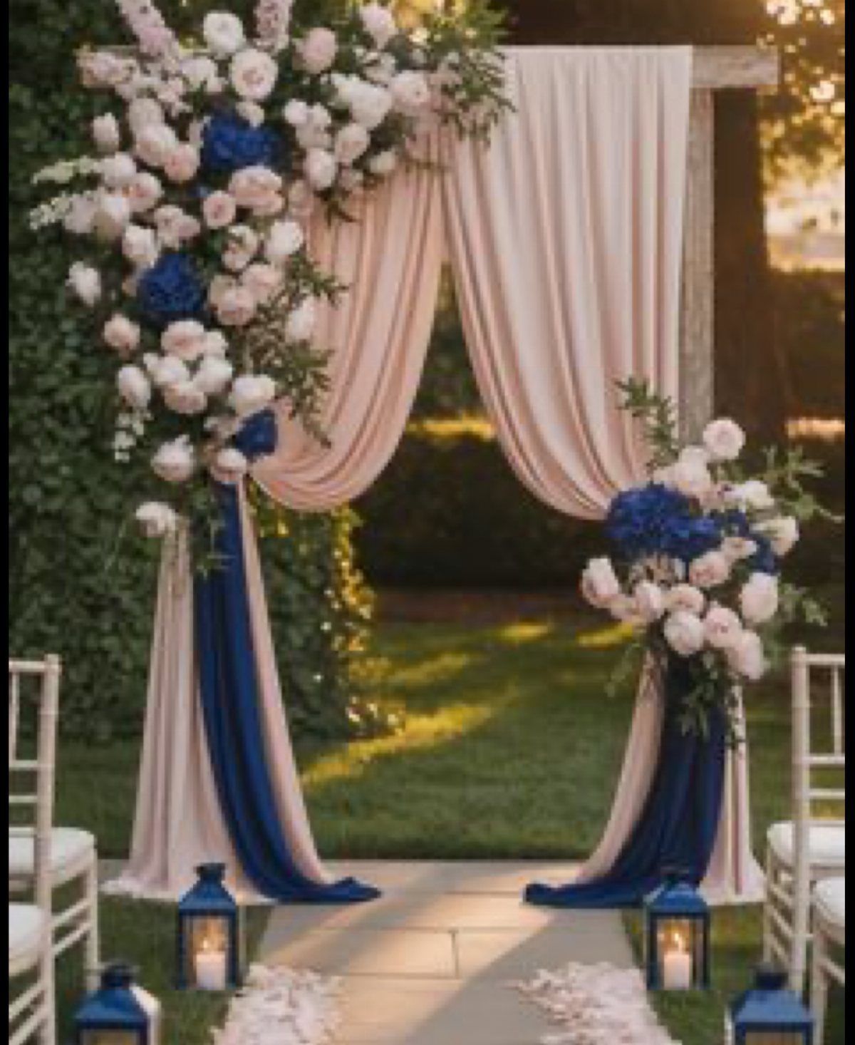 Wedding arch with draped blush pink and navy blue fabric decorated with white and navy floral arrangements.
