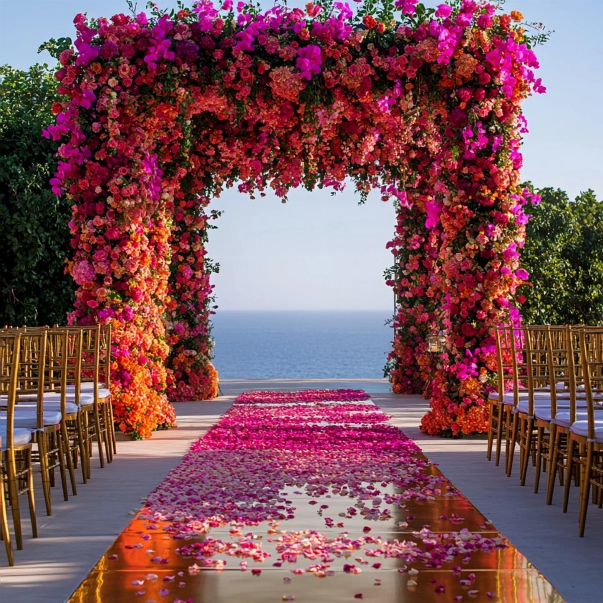 Floral wedding arch in pink and orange overlooking the ocean with a petal-strewn aisle.