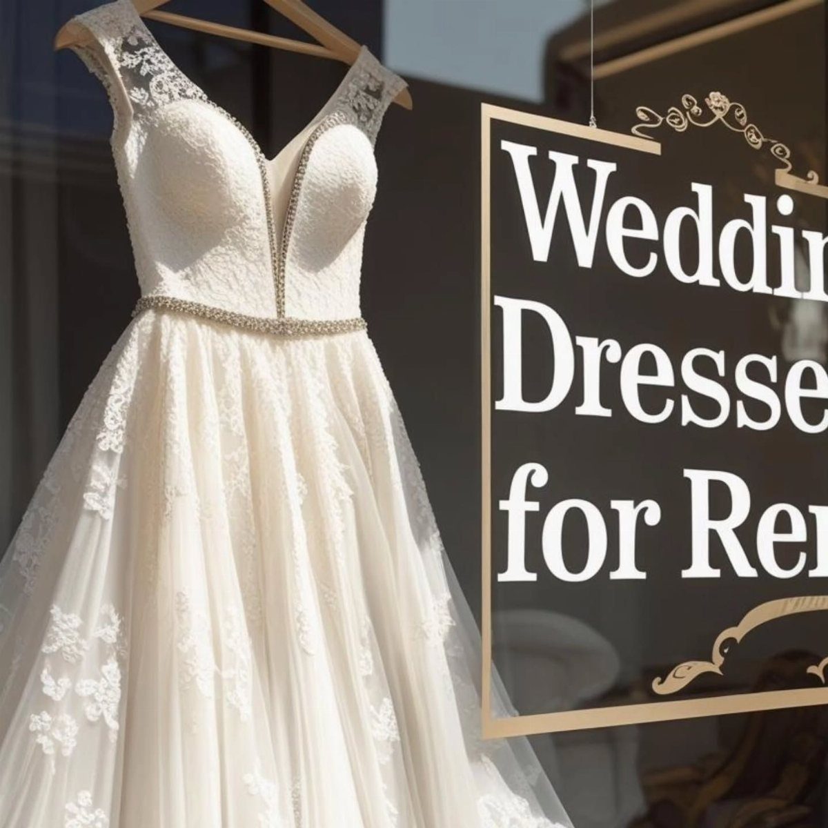 White lace wedding dress hanging next to a wedding dress rental sign.
