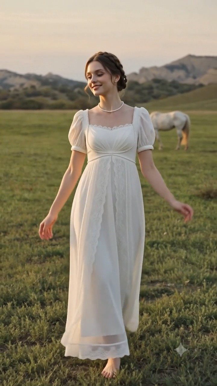 Woman walking in a white empire waist dress through a grassy field at sunset.