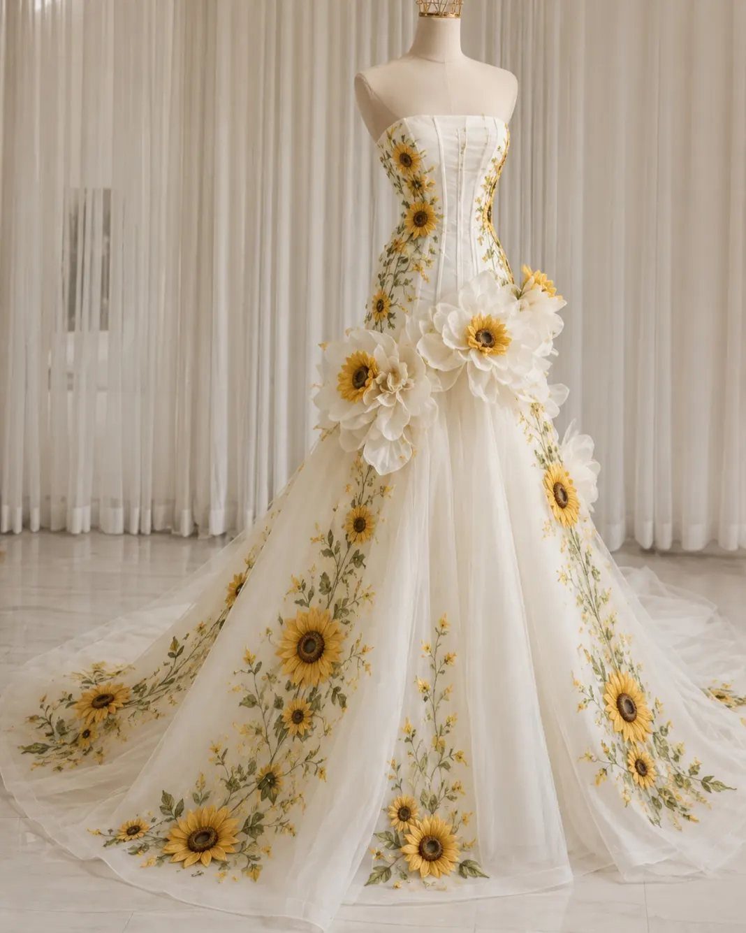White wedding dress decorated with large yellow sunflower embroidery and 3D floral appliqués on a mannequin.
