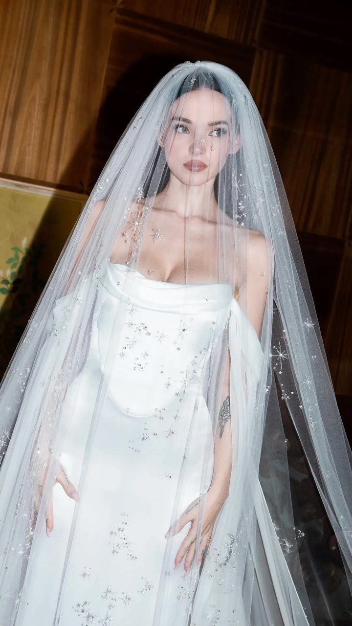 Woman in a white wedding dress wearing a long, sparkling sheer veil.
