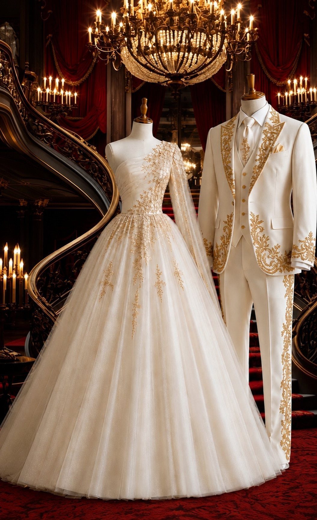 Ivory wedding gown and matching gold embroidered suit displayed on mannequins in a luxury room.