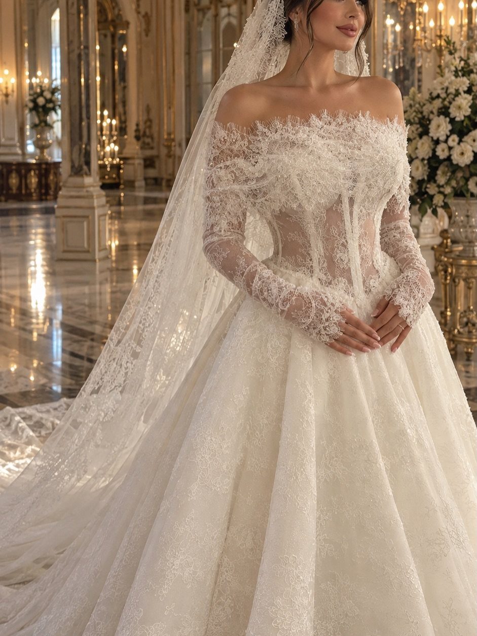 A woman posing in an off-the-shoulder lace A-line wedding dress with a long veil.
