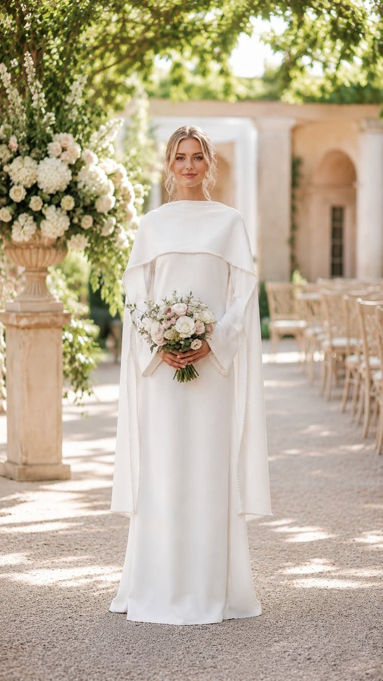 Blonde woman in a white satin wedding dress holding a rose bouquet outdoors.