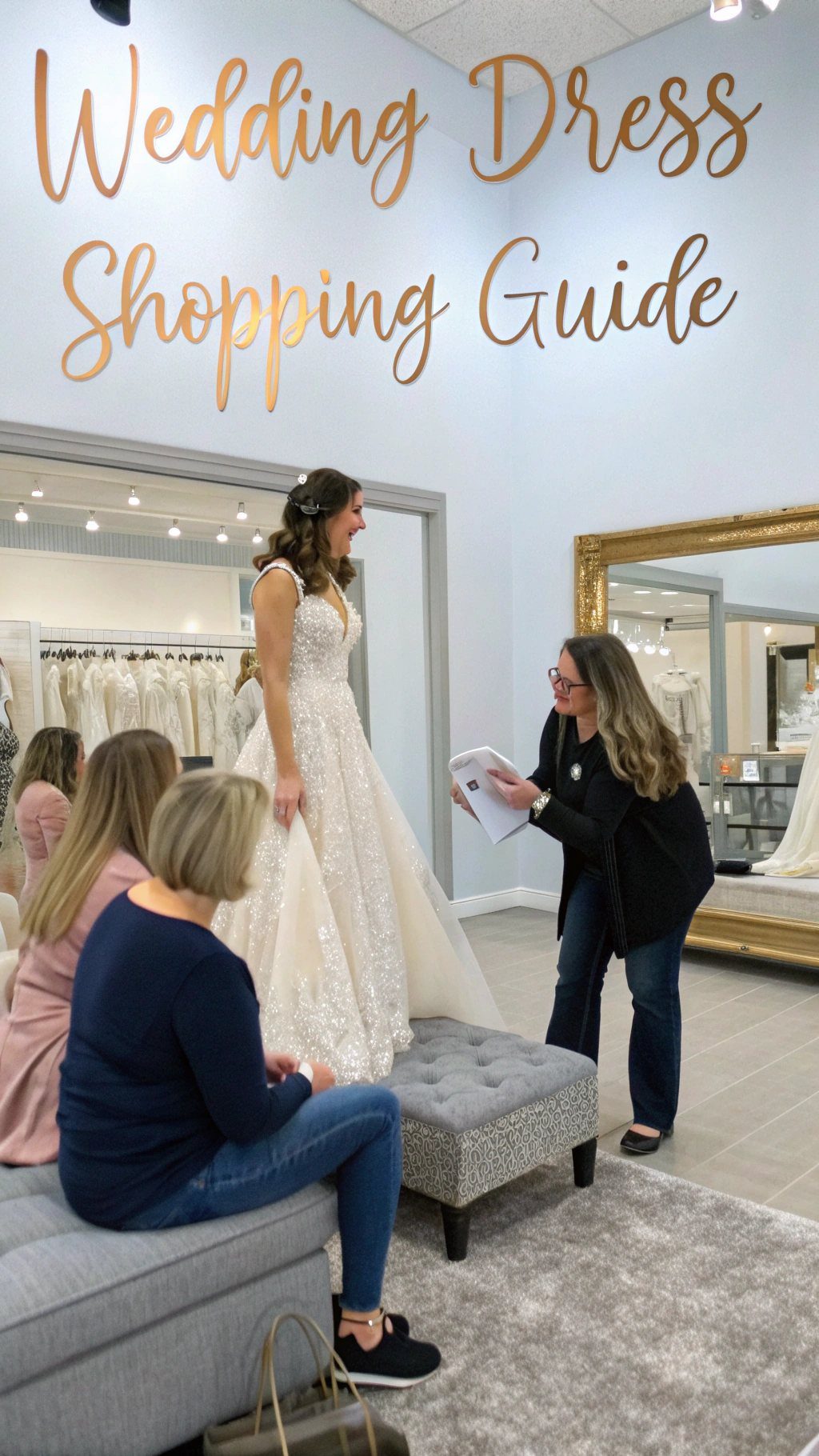 Bride in a white lace gown being assisted by friends in a bridal boutique.