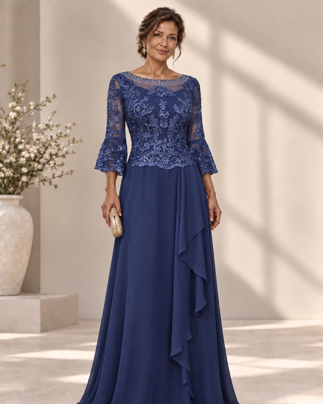 Woman wearing a navy blue lace bodice gown with bell sleeves and a flowing skirt.