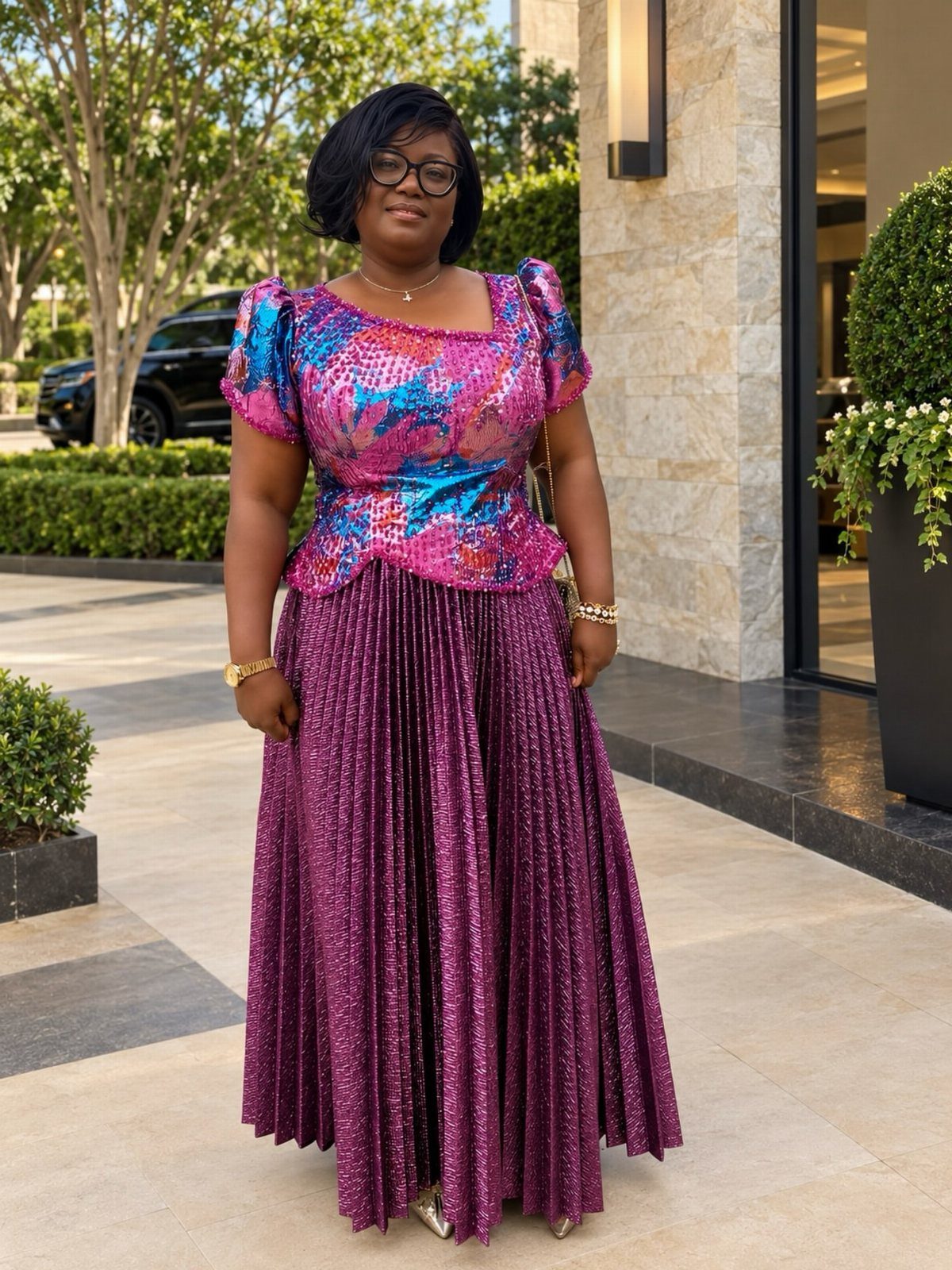 Woman posing in a colorful sequined top and a long, shimmering purple pleated skirt.
