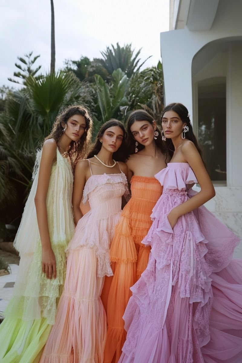 Four women posing in long, flowing, tiered pastel-colored gowns amidst tropical greenery.