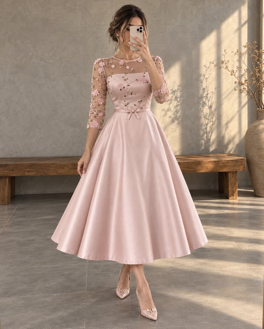 Woman in a pink floral midi dress posing for a mirror selfie indoors.