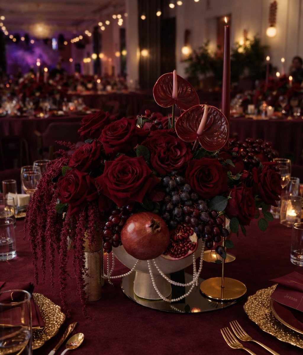 Deep red roses, grapes, and pomegranate arranged in a centerpiece on a burgundy table.