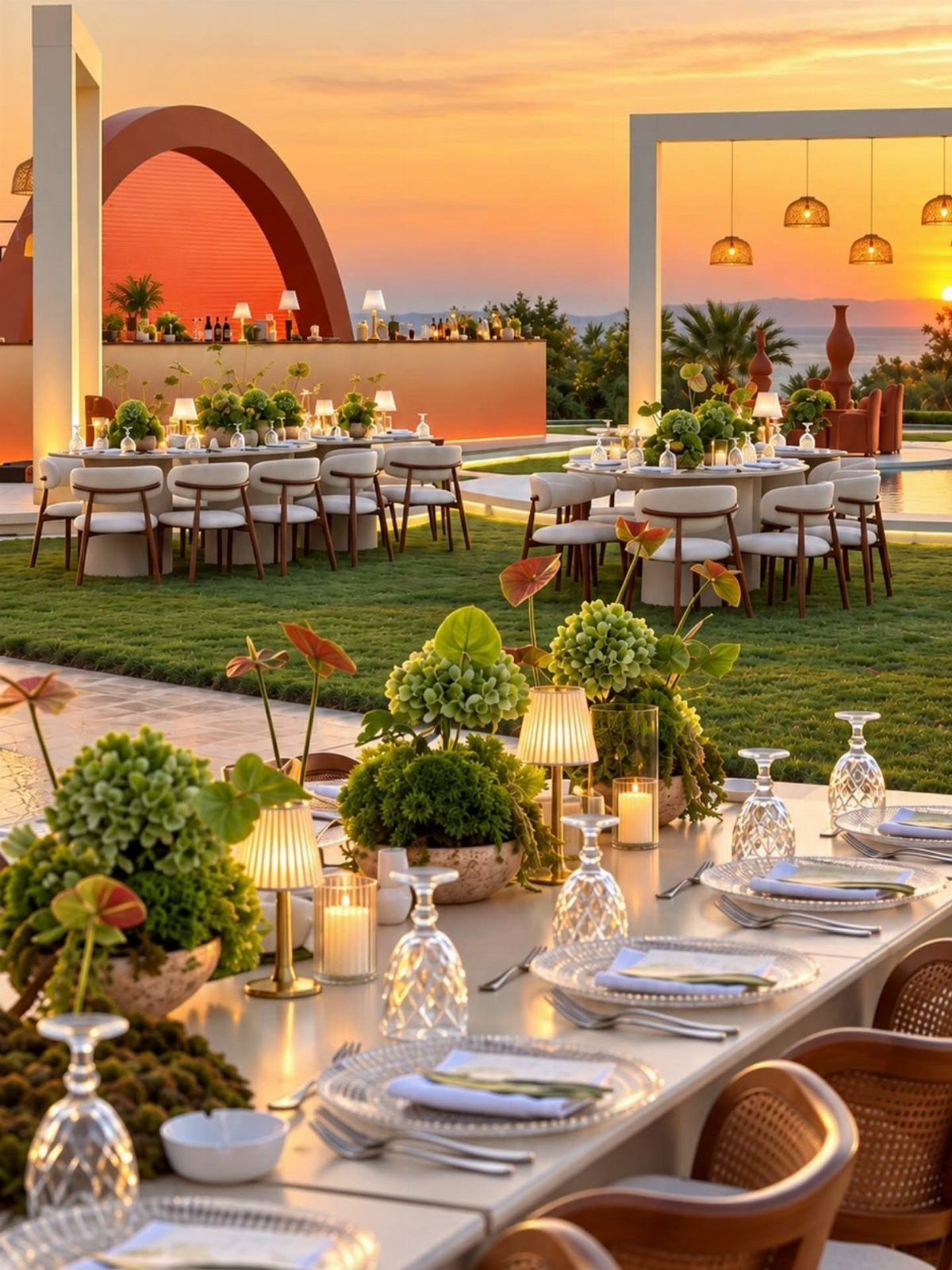 Elegant outdoor wedding tables set on a lawn during a golden sunset with warm lighting.