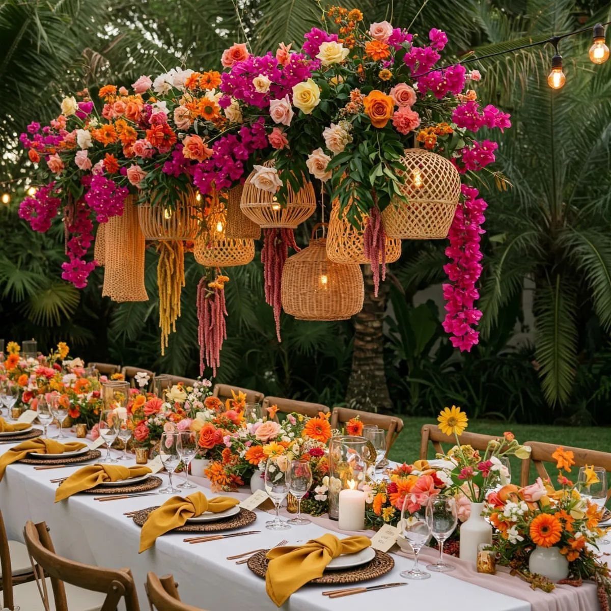 A long outdoor wedding table decorated with bright tropical flowers and hanging wicker lanterns.