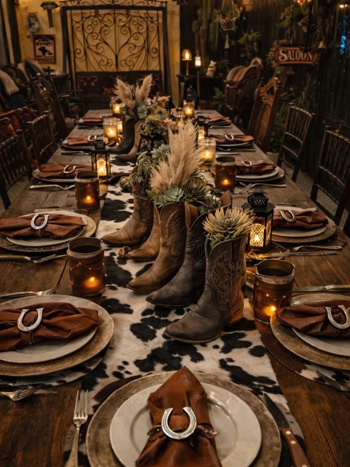 Cowboy boots filled with pampas grass and succulents serve as centerpieces on a rustic wedding table.