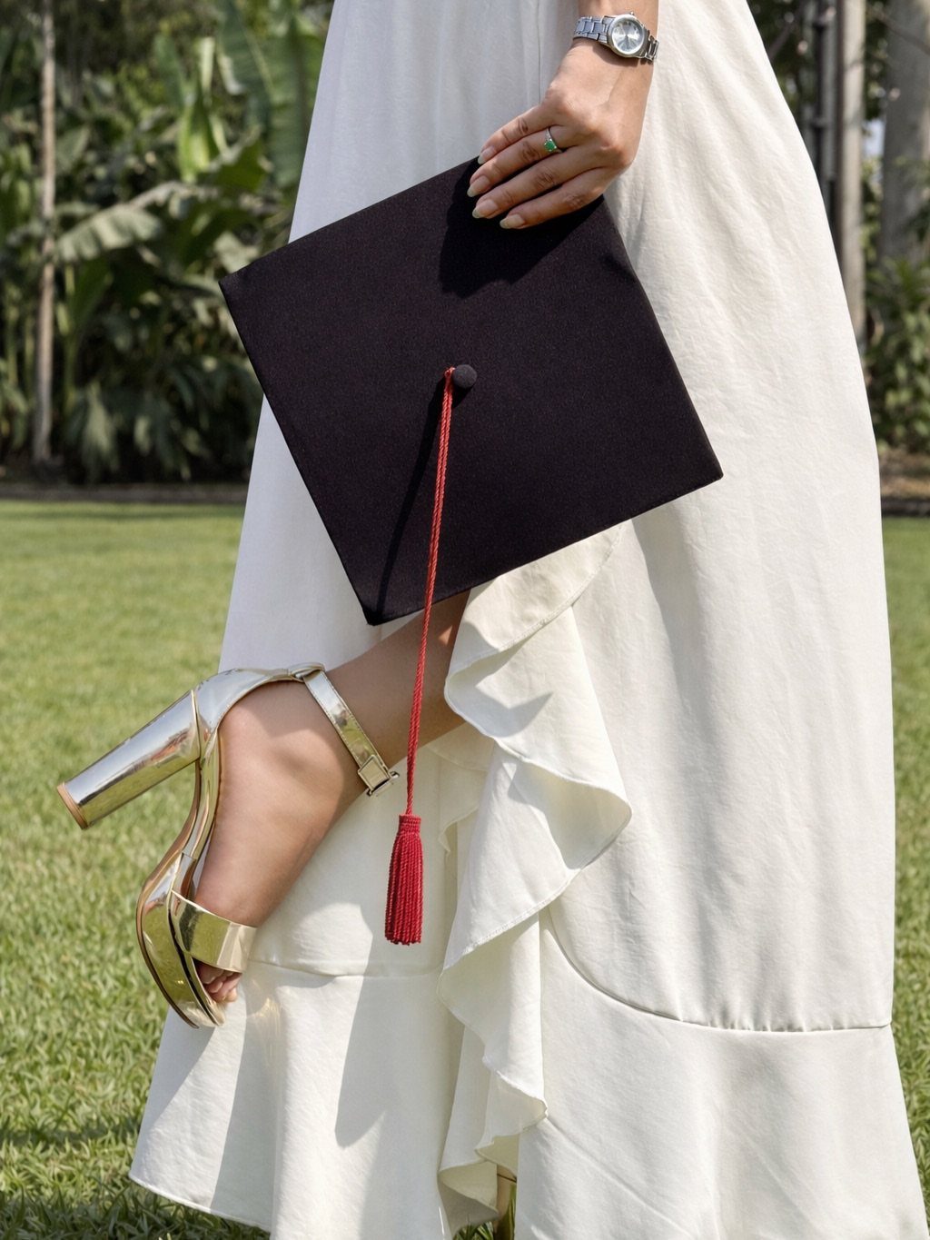 A person in a white ruffled dress holding a black graduation cap with a red tassel.